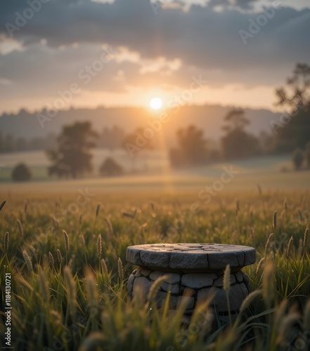 Stone Podium in a Wheat Field at Sunrise