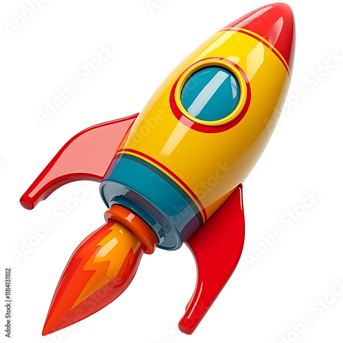 Colorful Cartoon Rocket with Flames on Transparent Background photo