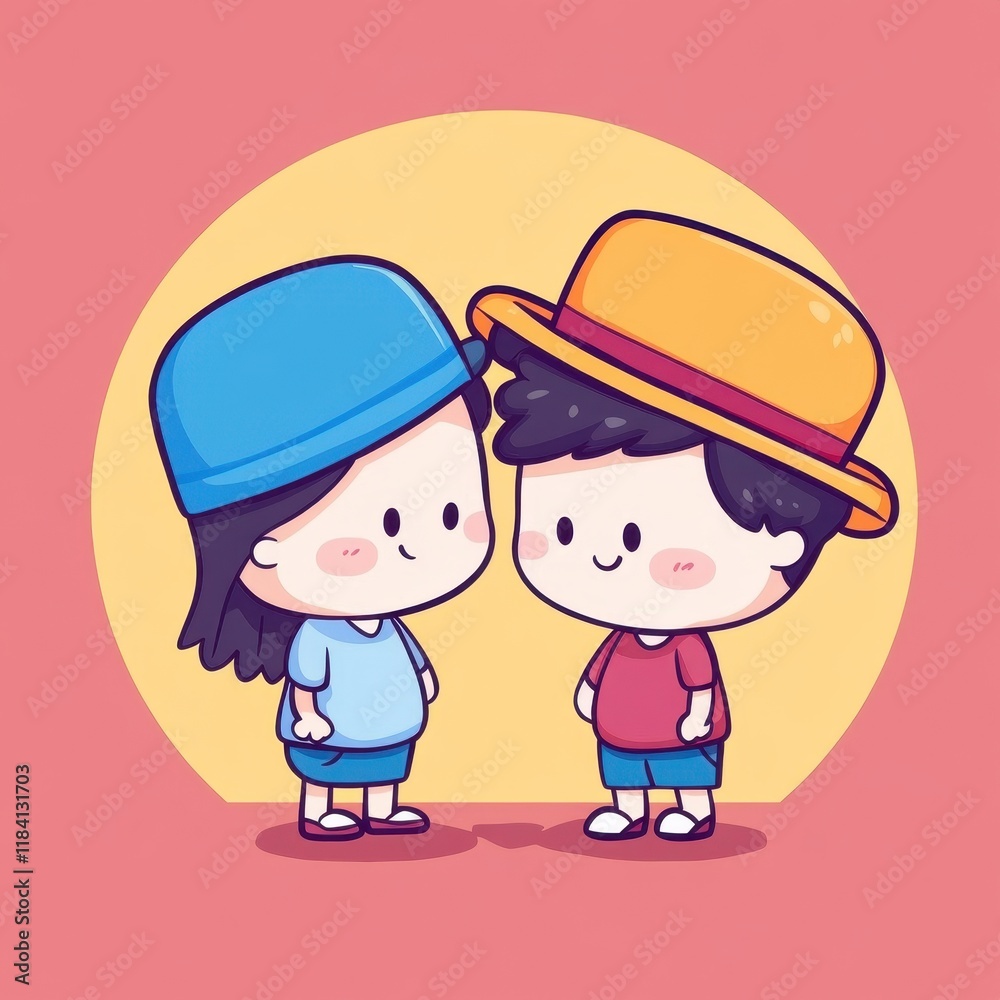 Cute Cartoon Characters With Colorful Hats Sharing a Joyful Moment in a Bright Circular Background Emphasizing Playfulness and Friendship Cute Cartoon Characters With Colorful Hats Sharing a Joyful Moment in a Bright Circular Background Emphasizing Playfulness and Friendship