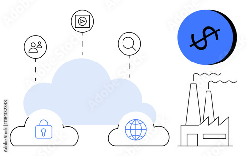 Cloud with security lock, globe, user group, play button, magnifying glass icons. Factory with smoke and dollar sign. Ideal for cloud computing, digital security, global connectivity online media