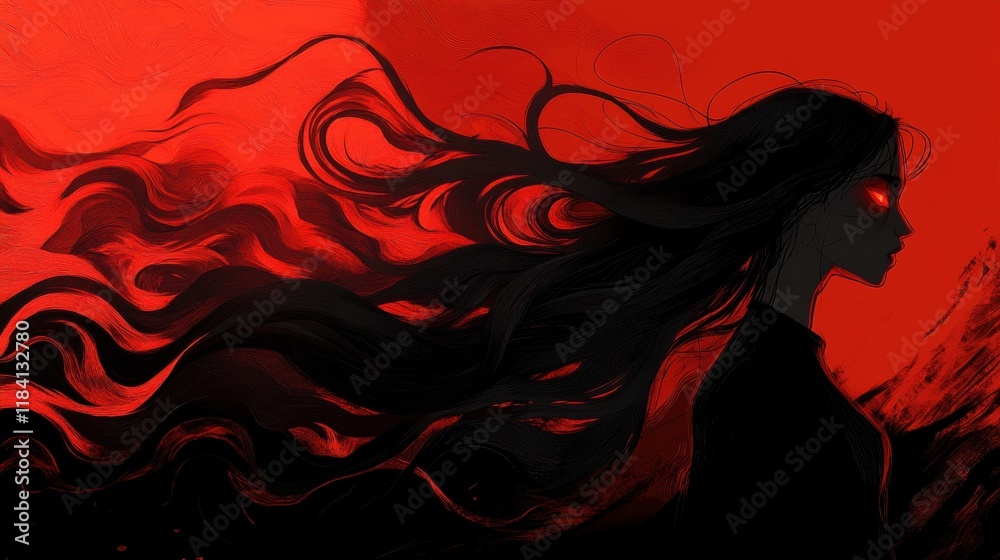 Mysterious Silhouette with Flowing Hair and Fiery Red Background Mysterious Silhouette with Flowing Hair and Fiery Red Background