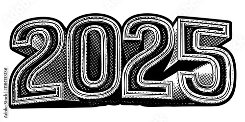 Year ‘2025’ written in three-dimensional one-point perspective retro extruded block letters with grainy vintage halftone texture
