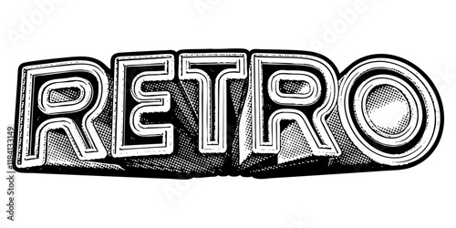 Word ‘Retro’ written in three-dimensional one-point perspective retro extruded block letters with grainy vintage halftone texture