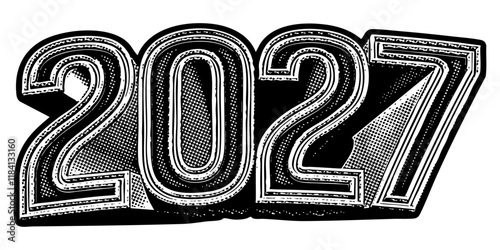 Year ‘2027’ written in three-dimensional one-point perspective retro extruded block letters with grainy vintage halftone texture