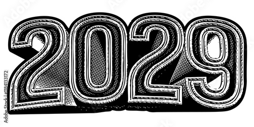 Year ‘2029’ written in three-dimensional one-point perspective retro extruded block letters with grainy vintage halftone texture