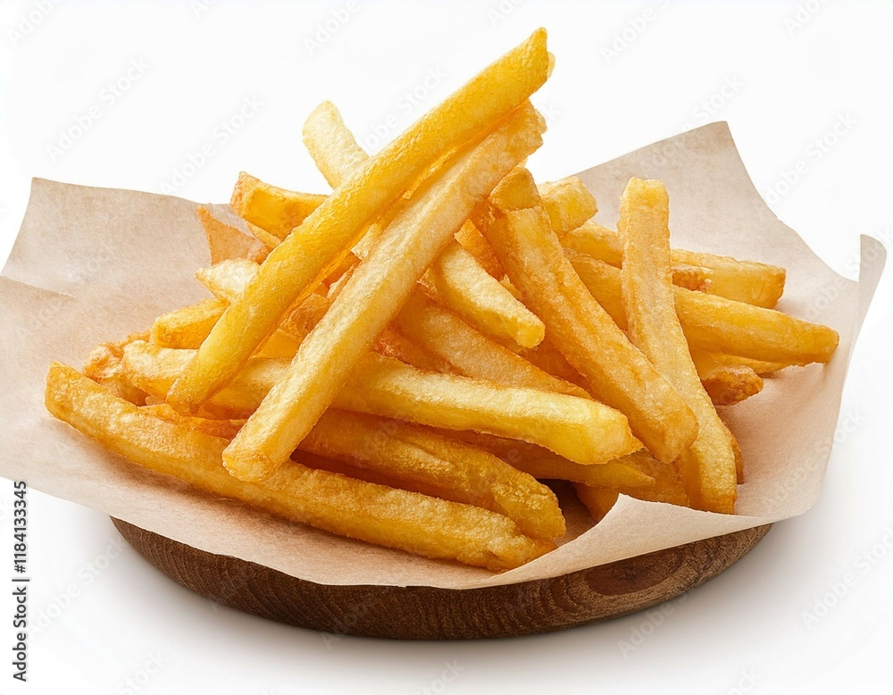 crispy french fries on paper isolated on white background cutout