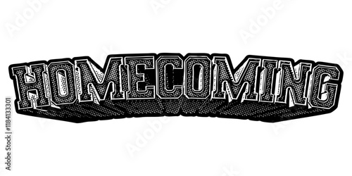 Word ‘Homecoming’ written in three-dimensional one-point perspective retro extruded block letters with grainy vintage halftone texture