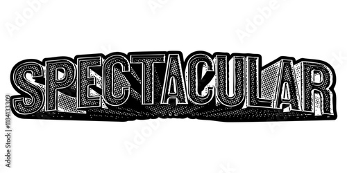 Word ‘Spectacular’ written in three-dimensional one-point perspective retro extruded block letters with grainy vintage halftone texture