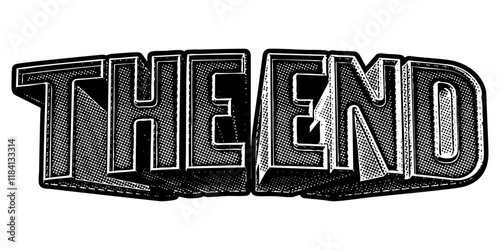 Words ‘The End’ written in three-dimensional one-point perspective retro extruded block letters with grainy vintage halftone texture
