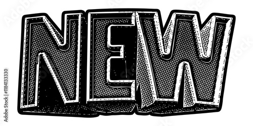 Word ‘New’ written in three-dimensional one-point perspective retro extruded block letters with grainy vintage halftone texture