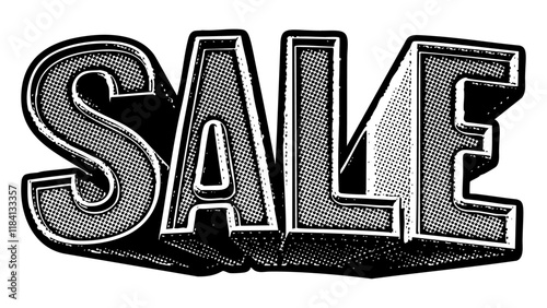 Word ‘Sale’ written in three-dimensional one-point perspective retro extruded block letters with grainy vintage halftone texture