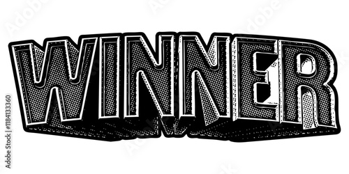 Word ‘Winner’ written in three-dimensional one-point perspective retro extruded block letters with grainy vintage halftone texture
