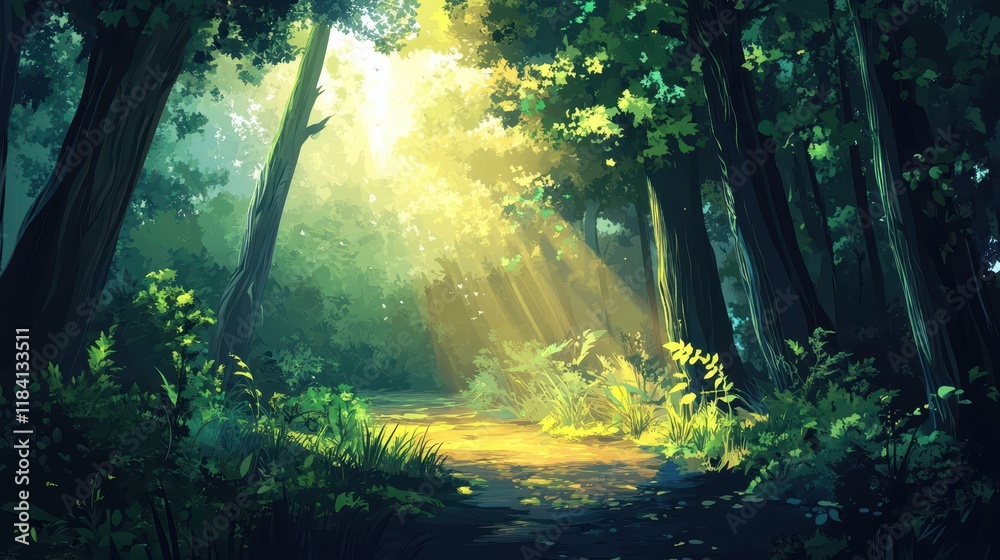 Obraz premium Sunlit Path Through a Lush Green Forest