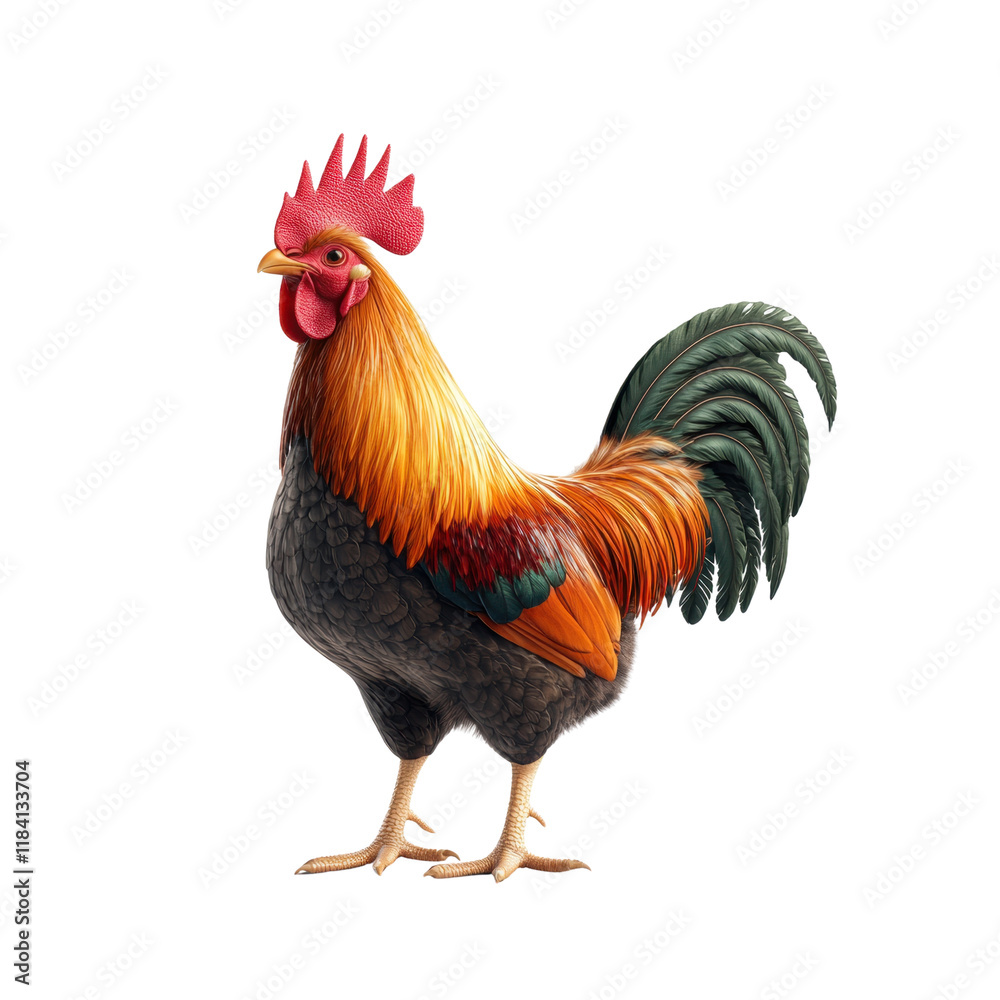 Fototapeta premium Colorful rooster with vibrant plumage standing proudly