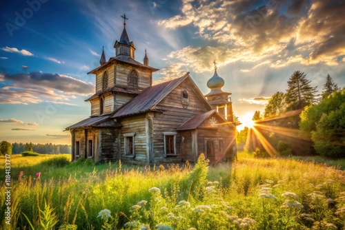 Explore Russia's heartland: a weathered wooden church, a testament to history, graces the rural scene of Torzhok. photo