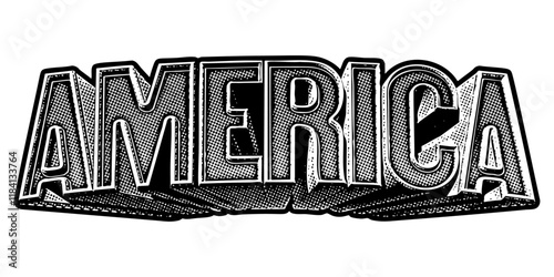 ‘America’ written in three-dimensional one-point perspective retro extruded block letters with grainy vintage halftone texture