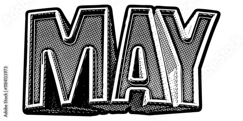 Month ‘May’ written in three-dimensional one-point perspective retro extruded block letters with grainy vintage halftone texture