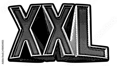 ‘XXL’ written in three-dimensional one-point perspective retro extruded block letters with grainy vintage halftone texture