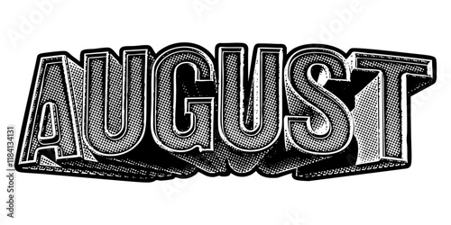 Month ‘August’ written in three-dimensional one-point perspective retro extruded block letters with grainy vintage halftone texture