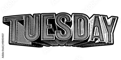 ‘Tuesday’ written in three-dimensional one-point perspective retro extruded block letters with grainy vintage halftone texture