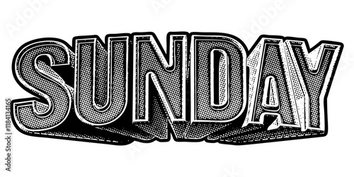 ‘Sunday’ written in three-dimensional one-point perspective retro extruded block letters with grainy vintage halftone texture