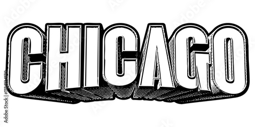 ‘Chicago’ written in three-dimensional one-point perspective retro extruded block letters with grainy vintage halftone texture