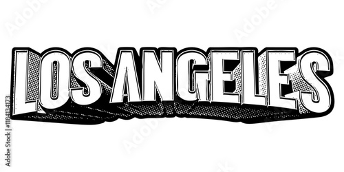 ‘Los Angeles’ written in three-dimensional one-point perspective retro extruded block letters with grainy vintage halftone texture