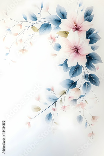 Delicate pink and blue floral arrangement, corner design, white background, ideal for cards or home decor