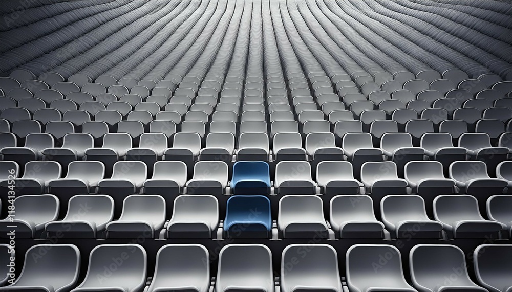 monochrome stadium with one blue seat among gray rows