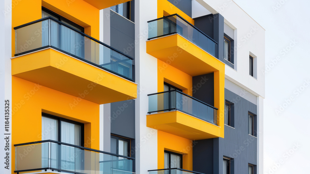 Modern Apartment Building with Bright Yellow Balconies and Sleek Glass Railings in Urban Setting, Showcasing Contemporary Architectural Design and Creative Color Palette Modern Apartment Building with Bright Yellow Balconies and Sleek Glass Railings in Urban Setting, Showcasing Contemporary Architectural Design and Creative Color Palette