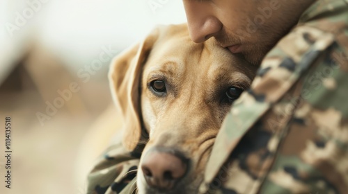 A service dog provides unconditional love and emotional support, offering invaluable aid to individuals with PTSD, highlighting trust, companionship, and the healing bond between humans and animals. photo