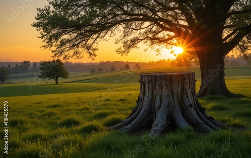 Tranquil Meadow Scene at Sunset with Tree Stump and Scenic Views