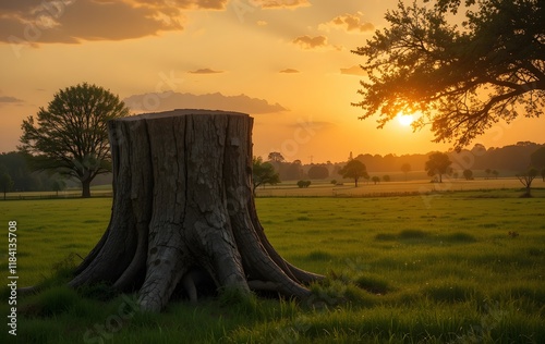 Tranquil Meadow Scene at Sunset with Tree Stump and Scenic Views
