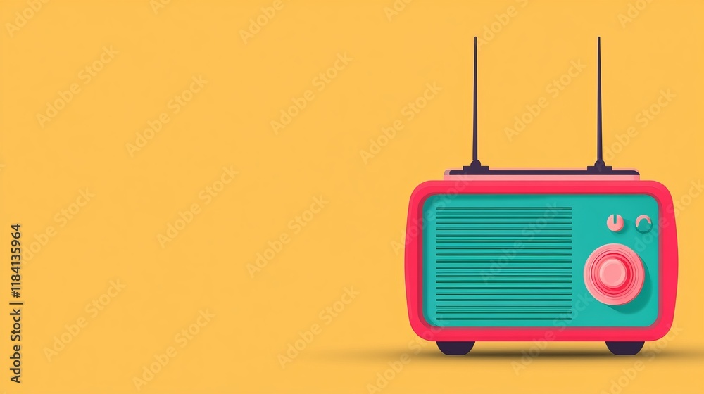 Obraz premium A colorful retro radio with antennas on a bright yellow background, evoking nostalgia and a playful vibe.