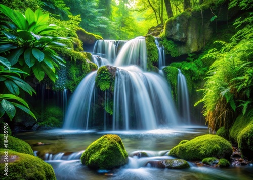 Immerse yourself in lush foliage; close-up details reveal nature's freshness in a waterfall's embrace.
