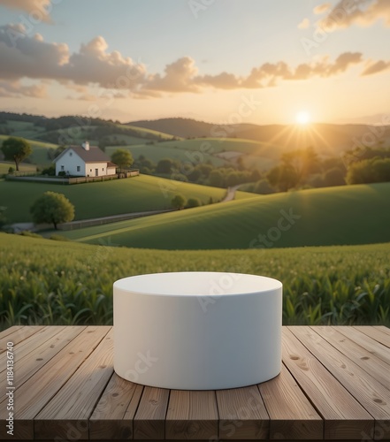 White Podium on a Wooden Deck Overlooking a Rural Sunset Landscape