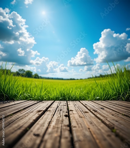 Sunny Summer Field with Wooden Deck Under a Blue Sky