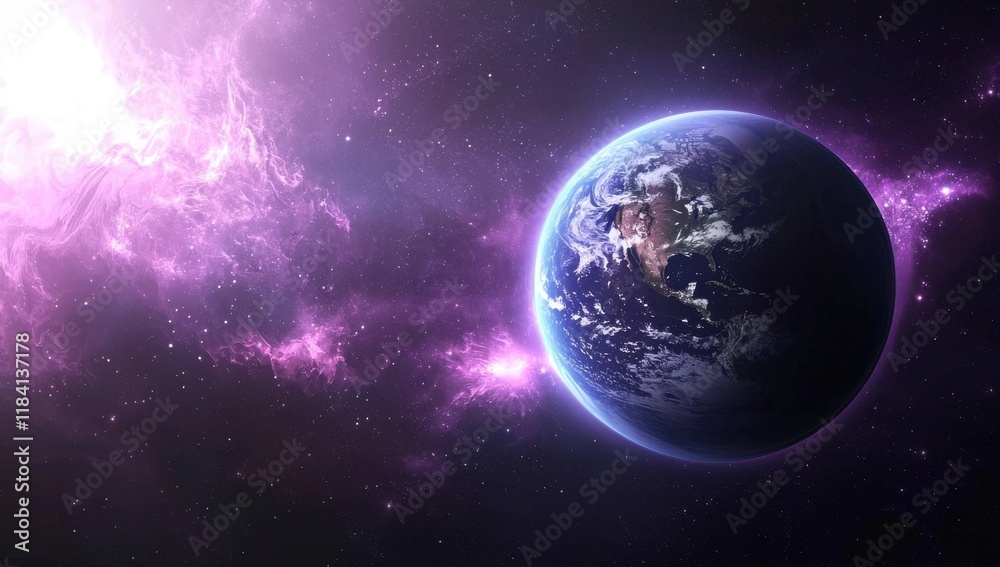 Fototapeta premium Earth in Purple Nebula Cosmic Galaxy Astronomy Wallpaper