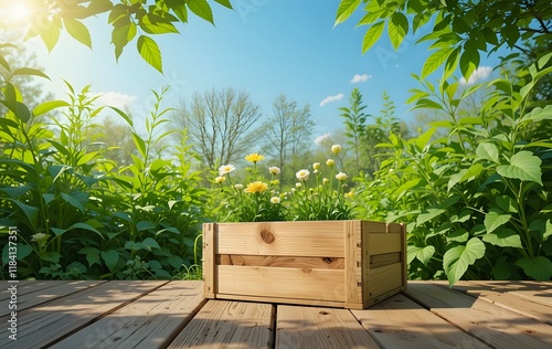 Wooden Crate Podium with a Blooming Flower Arrangement and a Sunny Garden View