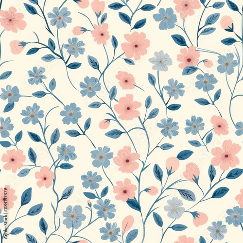 Delicate Floral Pattern Design Featuring Soft Pink and Blue Flowers with Green Leaves on a Cream Background