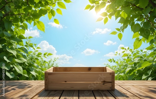 Wooden Crate Podium with a Blooming Flower Arrangement and a Sunny Garden View