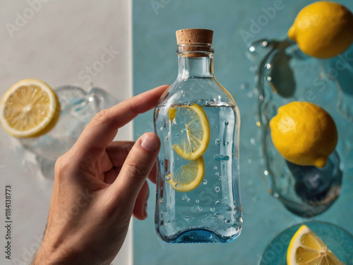 Una mano sosteniendo una botella con agua y limón

