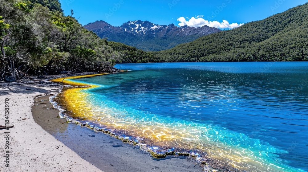 Fototapeta premium Breathtaking Shoreline with Vibrant Waters, Scenic Landscape, and Majestic Mountains in Background