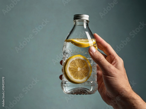 Mano sosteniendo una botella transparente con agua y rodajas de limón
