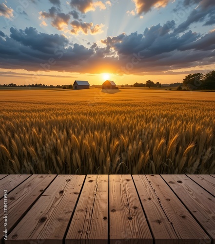 Wooden Podium at Sunset Over a Golden Wheat Field and Rustic Barn