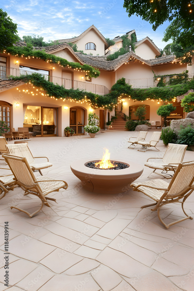 Fototapeta premium Evening fire pit in a resort courtyard, surrounded by lounge chairs, with a hilltop mansion in the background; ideal for relaxation, luxury travel brochures