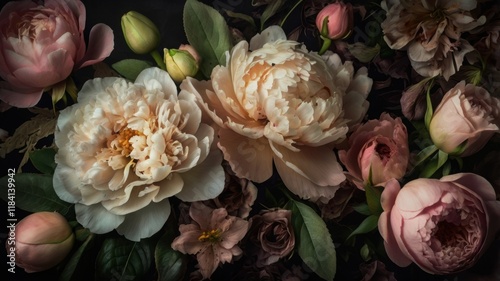 Vintage bouquet of roses, peonies, and lilies in Baroque style, with delicate flourishes on a dark background. photo