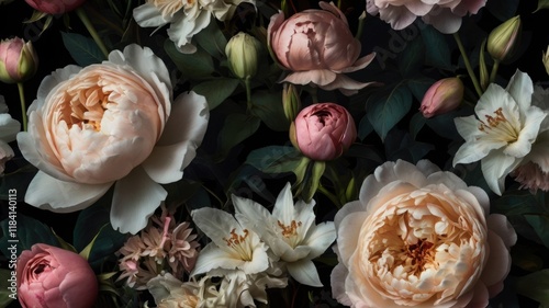 Baroque-style vintage bouquet of roses, peonies, and lilies on a dark background.