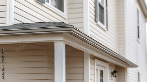 Close-up view of a house's exterior, showcasing beige vinyl siding, a gray roofline, white columns, and a metallic gray gutter system.  Part of a door and windows are visible.