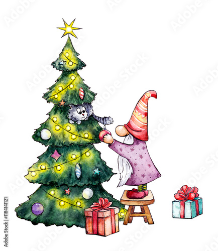 Isolated New Year illustration with a gnome and a cat in watercolor technique